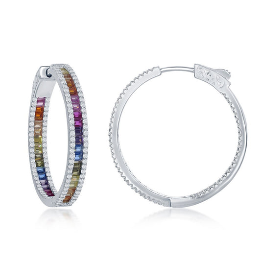 Sterling Silver 4x30mm Center Channel Set Rainbow and White CZ Border Hoop Earrings