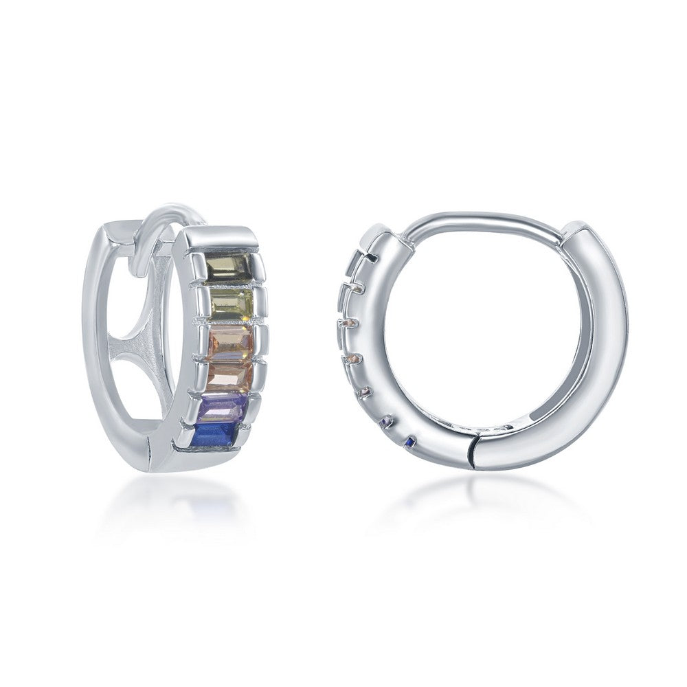 Sterling Silver  Half Center Channel Set Rainbow CZ Hoop Earrings