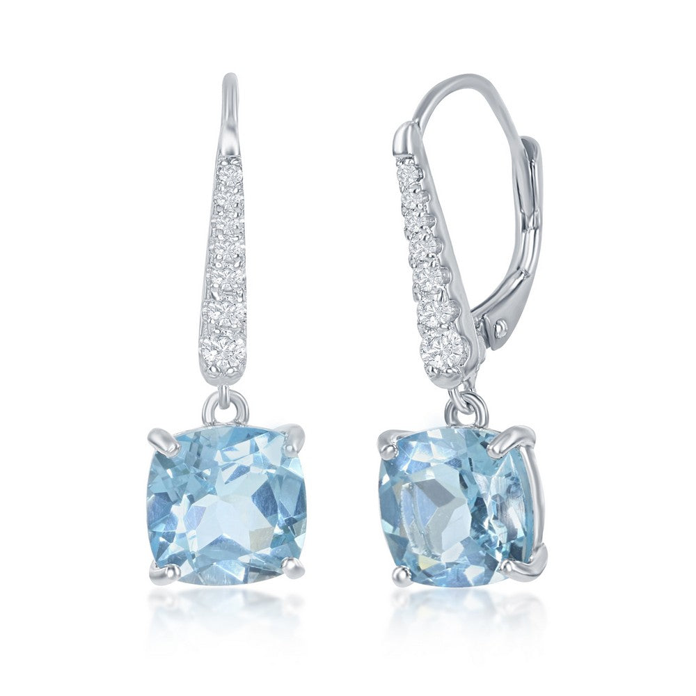 Sterling Silver White Topaz Earrings, With Four-Prong 9x9mm Cushion-Cut Gem - Blue Topaz