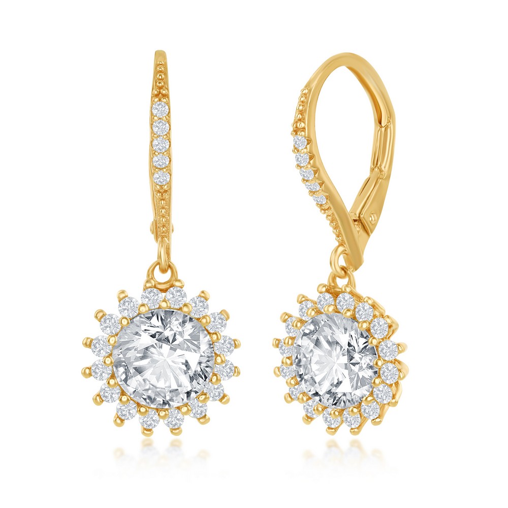 Sterling Silver Round Halo Flower CZ Dangling Earrings - Gold Plated