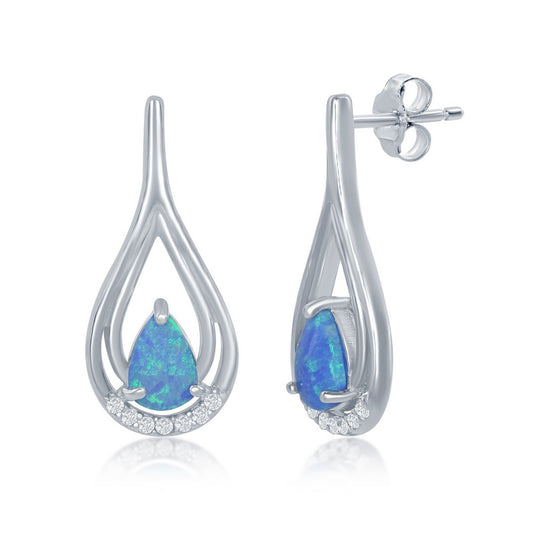 Sterling Silver Blue Opal Pearshaped With CZ Earrings
