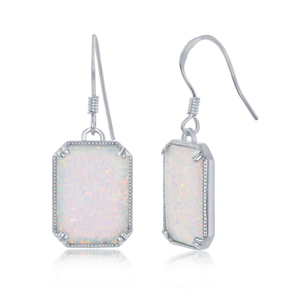 Sterling Silver Rectangle White Opal with beaded border Earrings