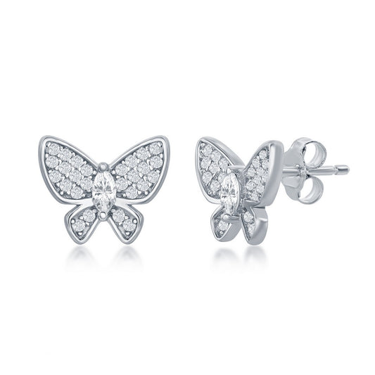 Sterling Silver White CZ Butterfly Stud Earrings