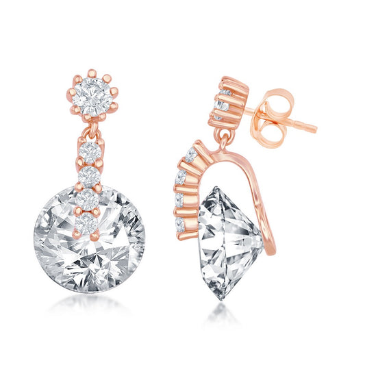 Sterling Silver Round Spinning CZ Earrings - Rose Gold Plated