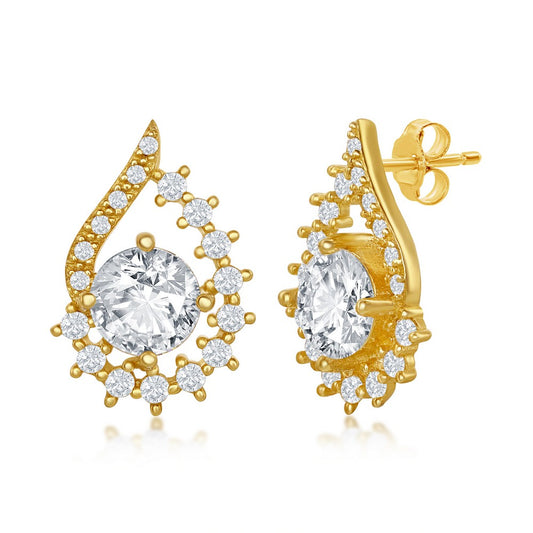 Sterling Silver Round CZ Pear-Shaped Earrings - Gold Plated