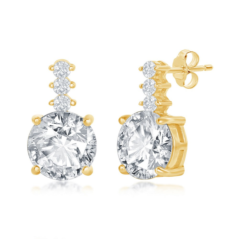 Sterling Silver Round CZ with Bar Stud Earrings - Gold Plated
