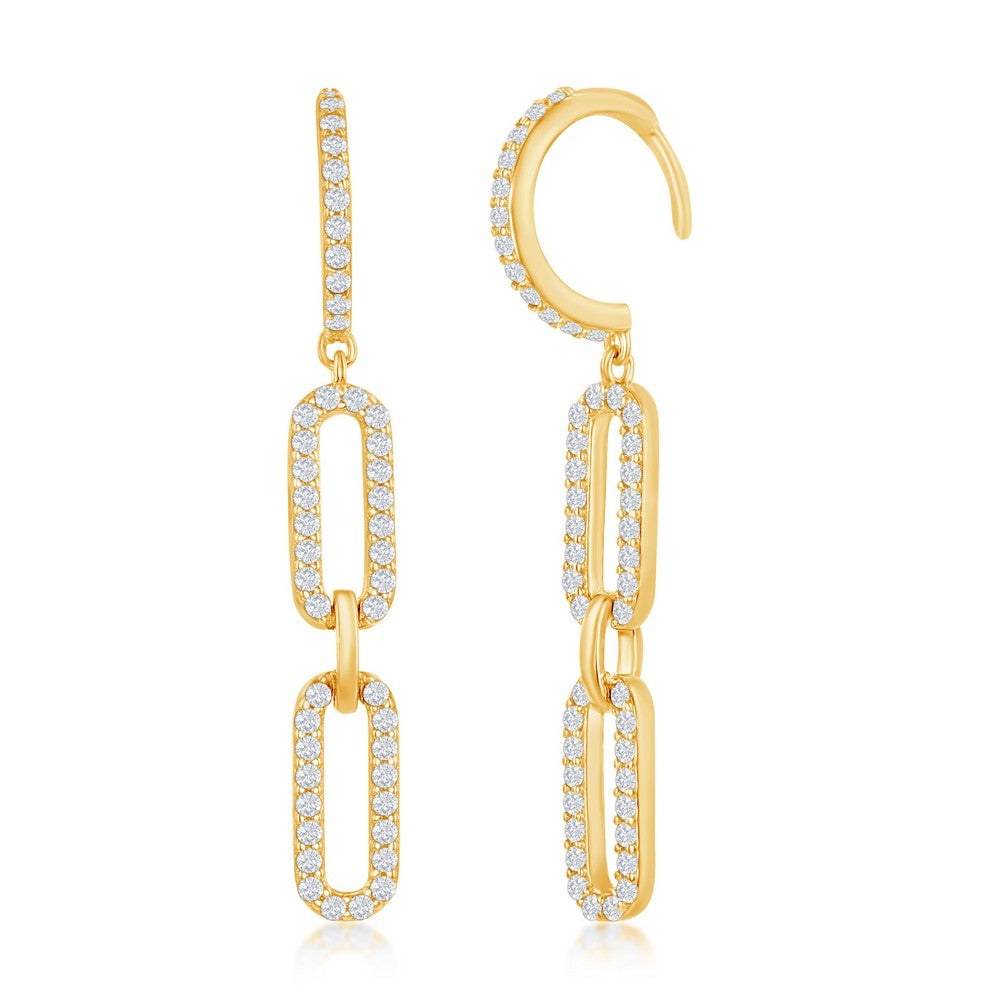 Sterling Silver Double Link CZ Paperclip Earrings - Gold Plated