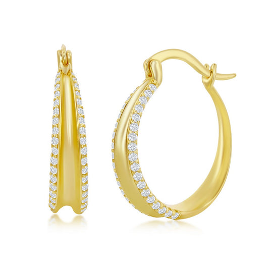 Sterling Silver Double Row CZ Hoop Earrings - Gold Plated