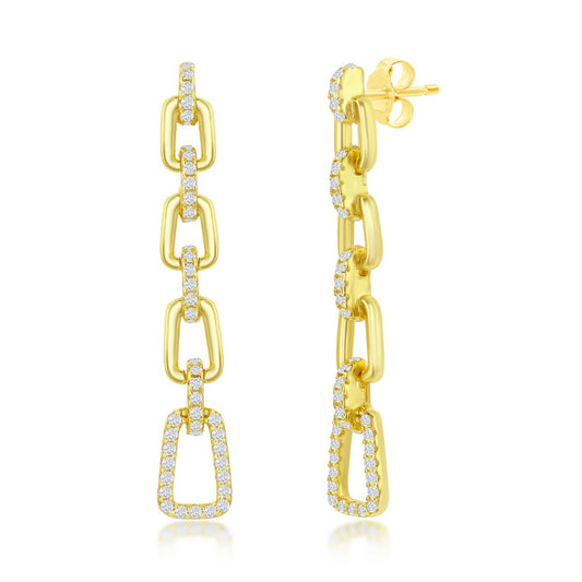 Sterling Silver Paperclip CZ Long Earrings - Gold Plated
