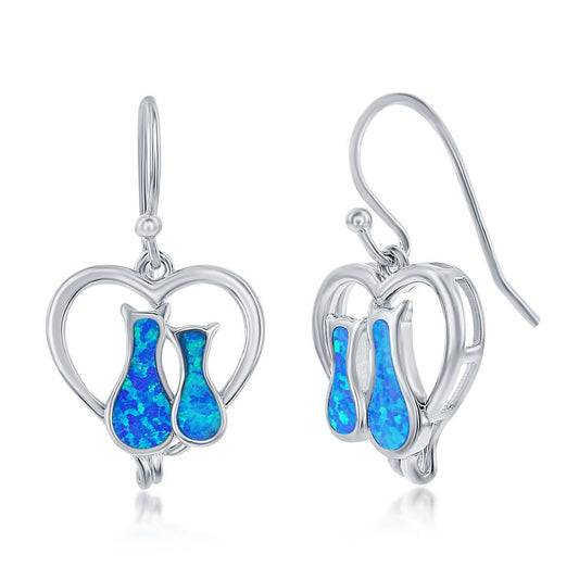 Sterling Silver Blue Opal Cats in a Heart Earrings