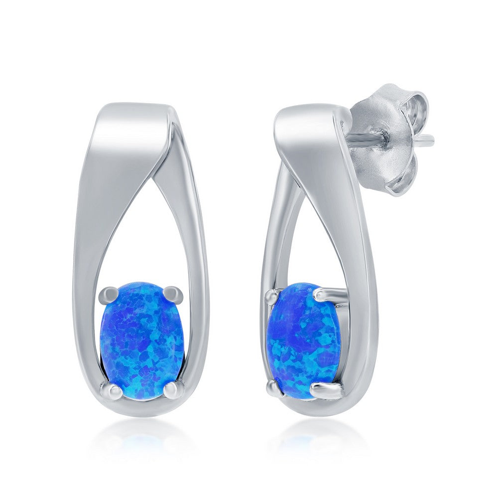 Sterling Silver Oval Blue Opal Long Earrings