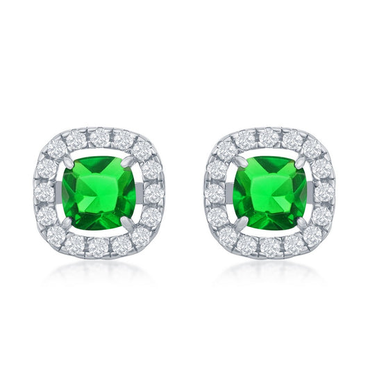Sterling Silver White CZ Square Stud Earrings - Emerald CZ
