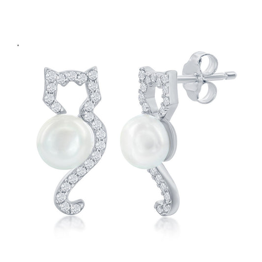 Sterling Silver CZ Cat with Round Pearl Earrings