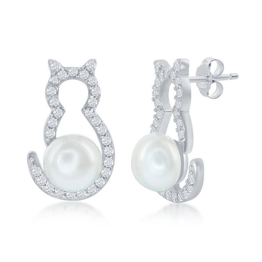 Sterling Silver CZ Cat with Round Pearl Earrings