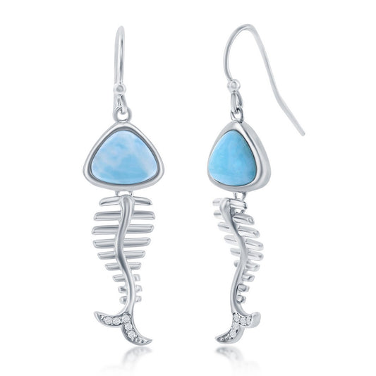 Sterling Silver Larimar & CZ Fish Skeleton Earrings