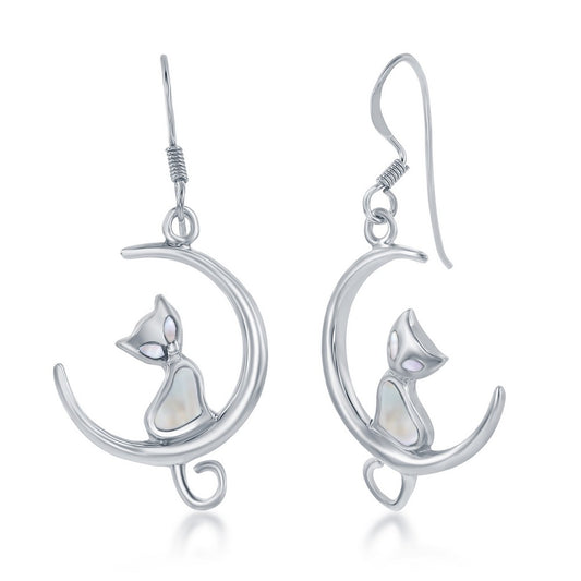 Sterling Silver Mother of Pearl Cat on Moon Earrings