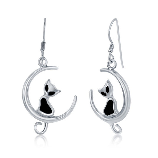 Sterling Silver Created Onyx Cat on Moon Earrings