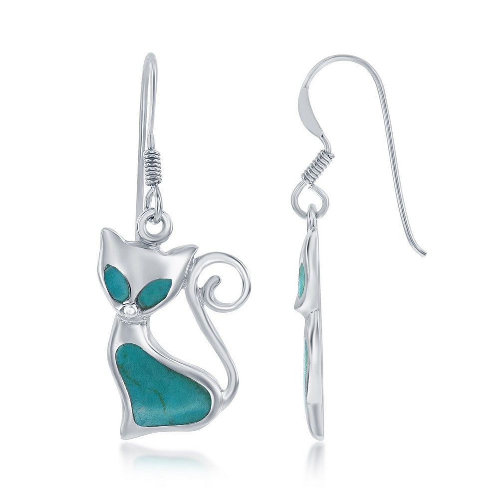 Sterling Silver Created Turquoise Cat Earrings