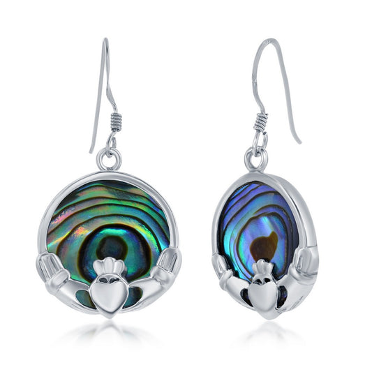 Sterling Silver Abalone Round Claddagh Earrings