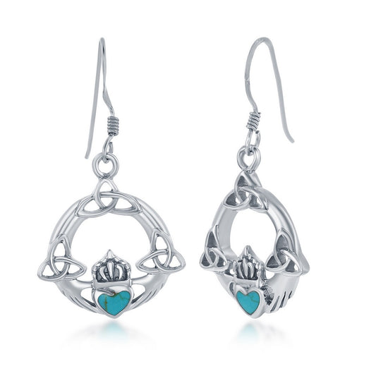 Sterling Silver Heart Celtic Claddagh Design Earrings -Turquoise