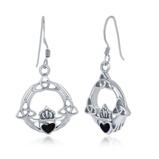 Sterling Silver Heart Celtic Claddagh Design Earrings - Onyx