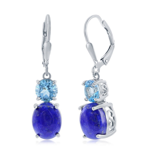 Sterling Silver Oval Lapis & Round Gem Earrings - Blue Topaz