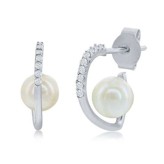 Sterling Silver Half CZ Heart With  Round Freshwater Pearl Earrings