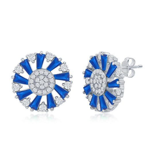 Sterling Silver Baguette CZ Circle Earrings - Blue Spinel
