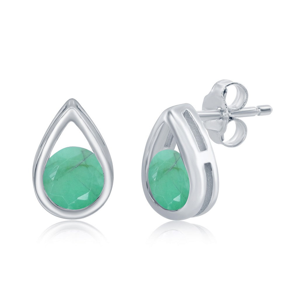 Sterling Silver Pearshaped Earrings With Round May Birthstone Gemstone Studs - Emerald