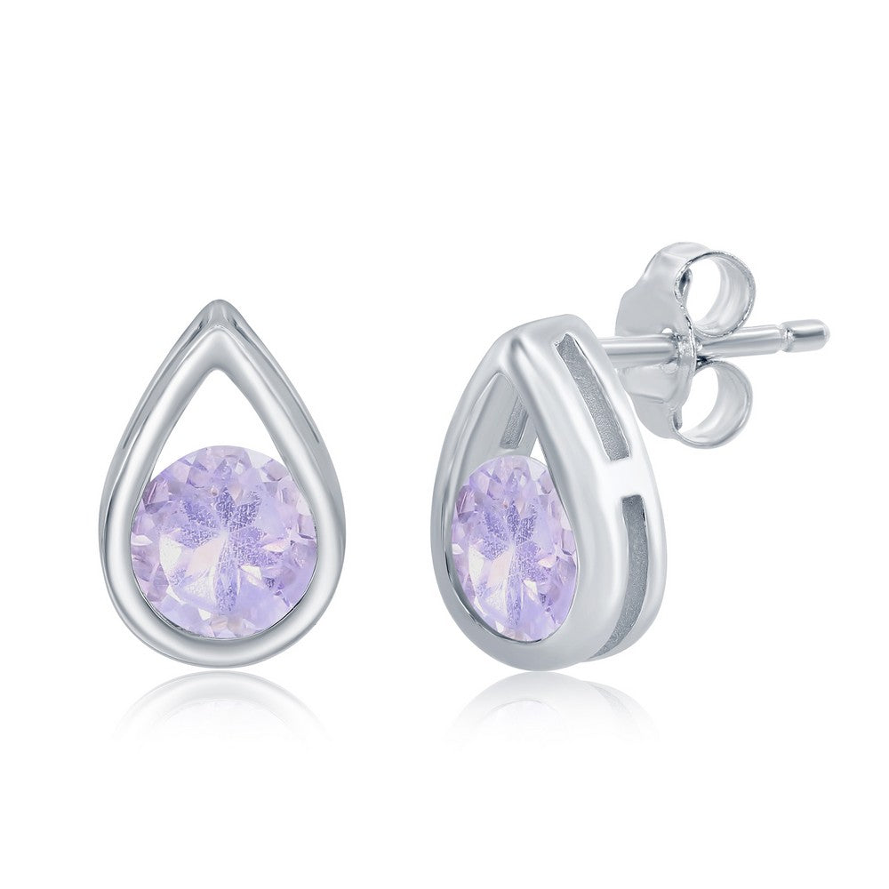 Sterling Silver Pearshaped Earrings With Round October Birthstone Gemstone Studs - Pink Amethyst