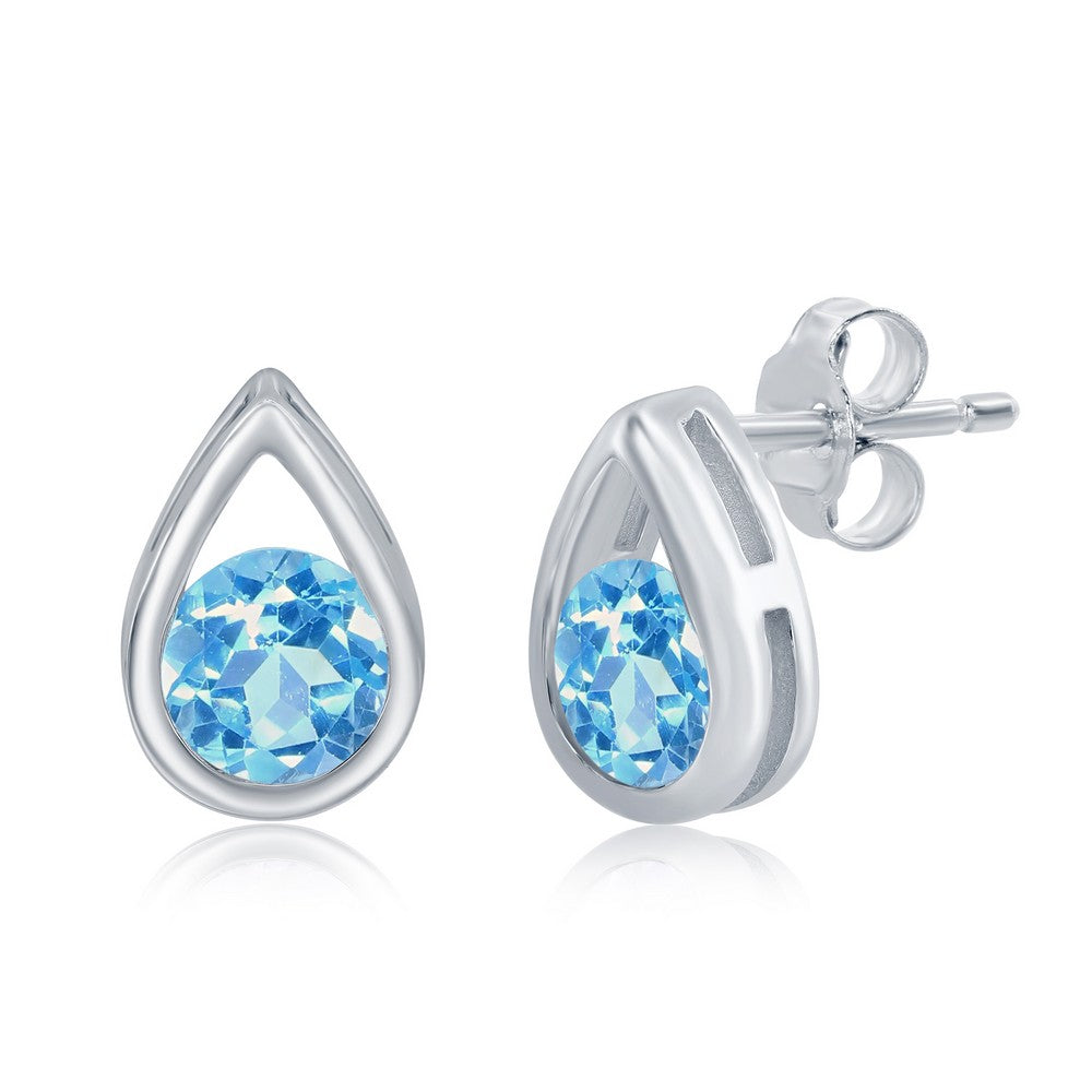 Sterling Silver Pearshaped Earrings With Round December Birthstone Gemstone Studs - Swiss Blue Topaz