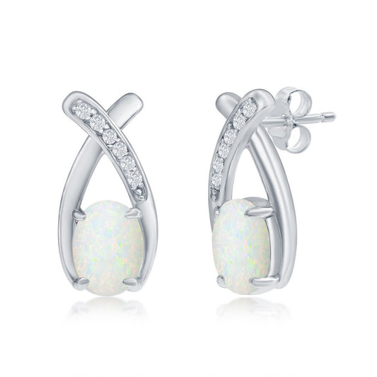 Sterling Silver Oval White Opal with CZ Earrings