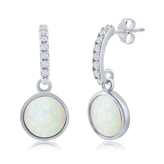 Sterling Silver Round White Opal with CZ Earrings