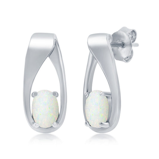 Sterling Silver Oval White Opal Long Earrings