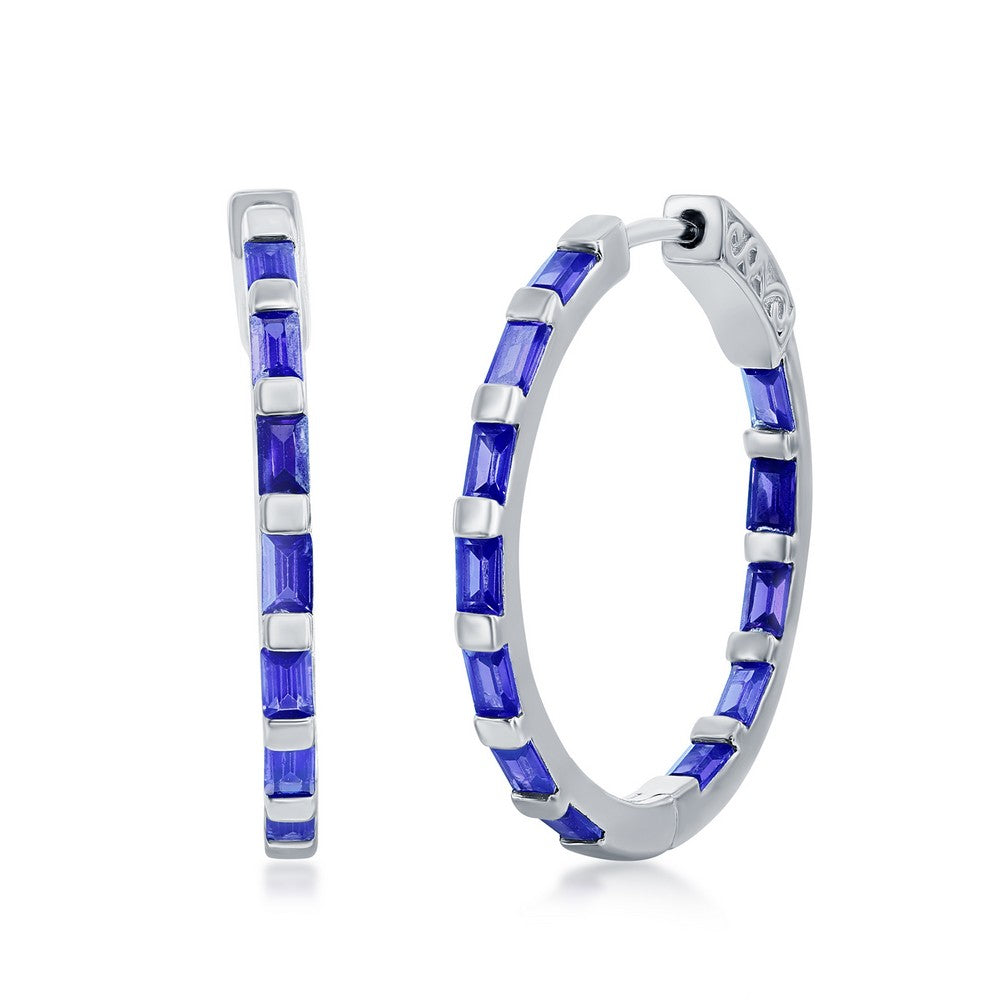 Sterling Silver Baguette CZ 25mm Hoop Earrings - Sapphire CZ