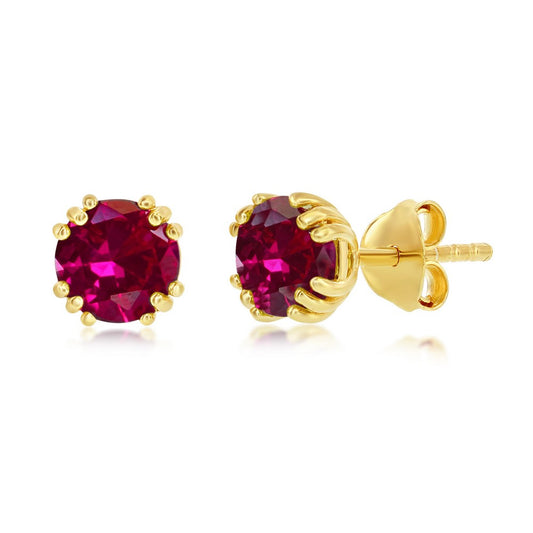 Sterling Silver 'July Birthstone' 6mm Round Gem, Gold Plated Stud Earrings - Created Ruby