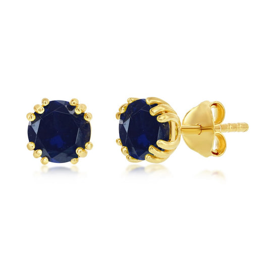 Sterling Silver 'September Birthstone' 6mm Round, Gold Plated Stud Earrings - Created Nano Sapphire