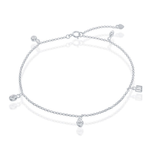 Sterling Silver With  Hanging Charms CZ Anklet
