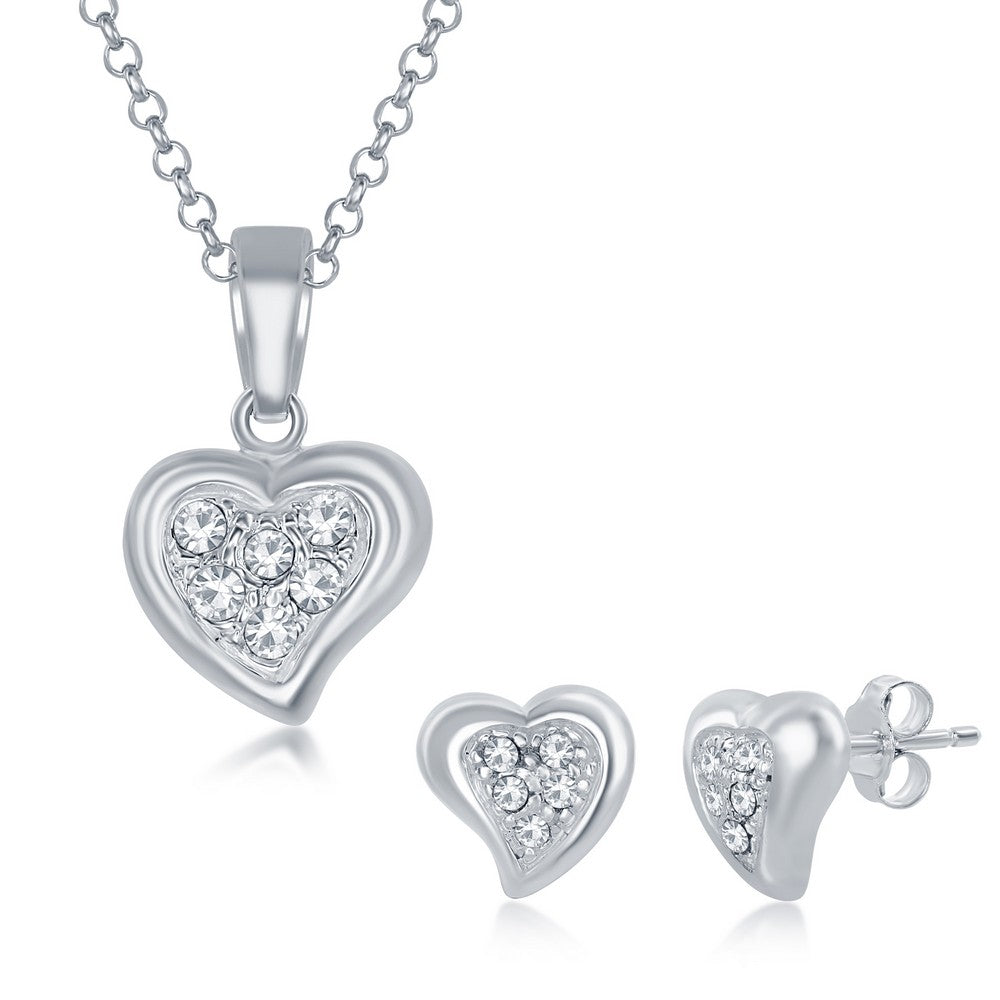 Sterling Silver CZ Heart Pendant & Earrings Set With Chain