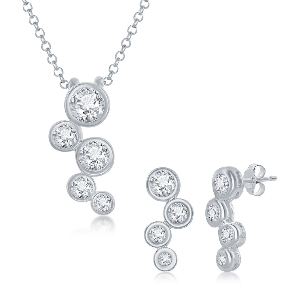 Sterling Silver Bubble CZ Pendant & Earrings Set With Chain