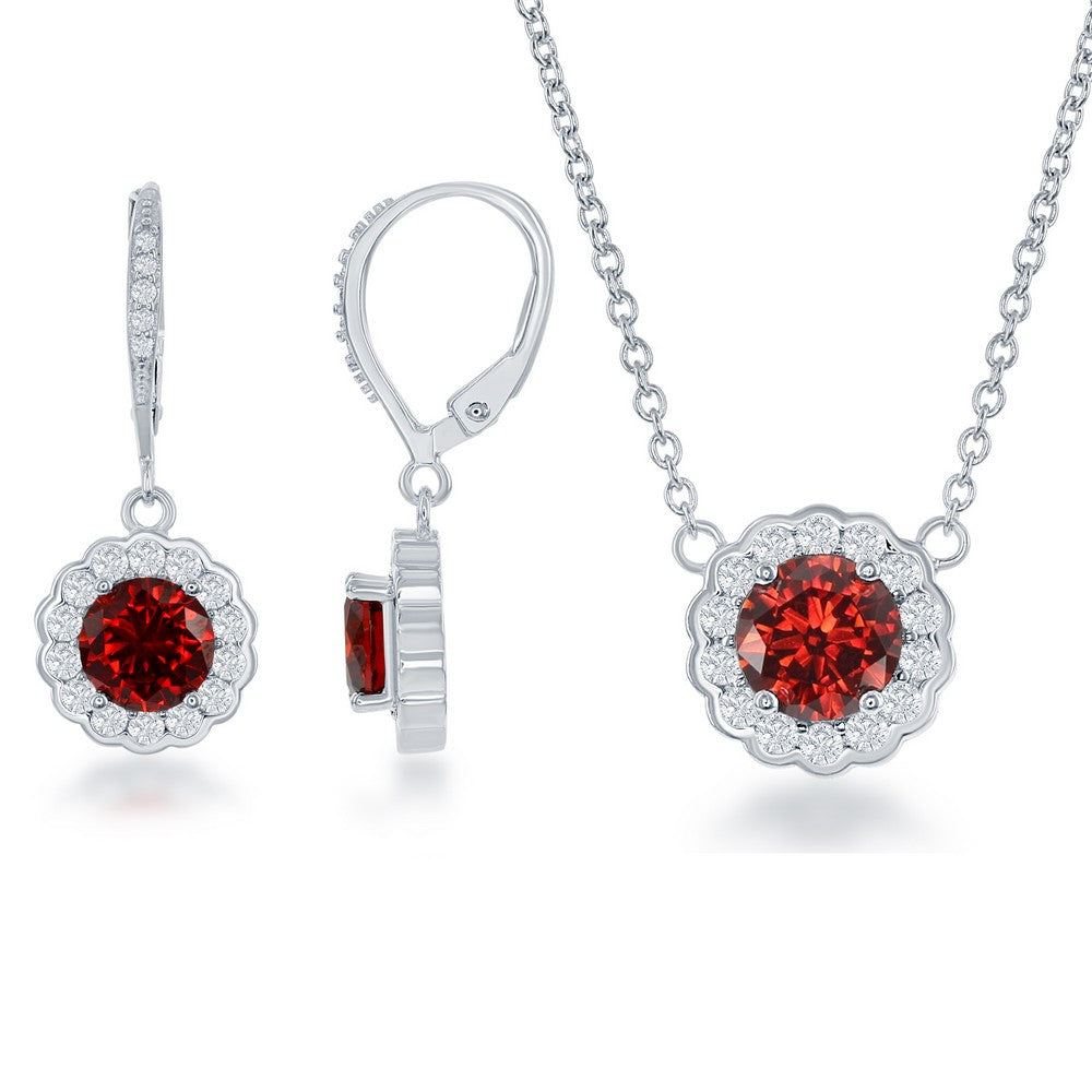 Sterling Silver January Birthstone With  CZ Border Round Earrings and Necklace Set