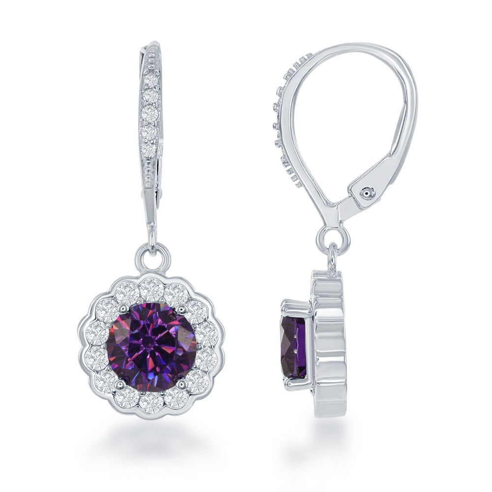 Sterling Silver February Birthstone With  CZ Border Round Earrings and Necklace Set