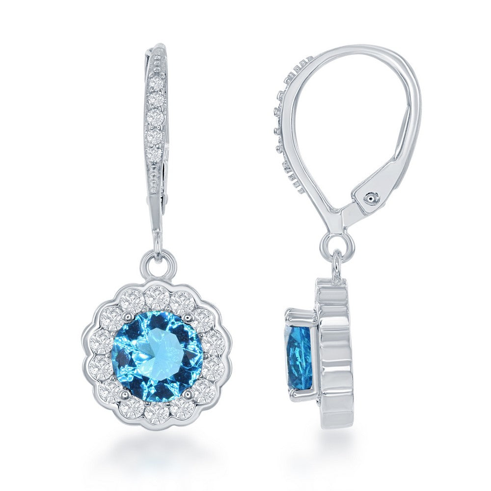Sterling Silver March Birthstone With  CZ Border Round Earrings and Necklace Set