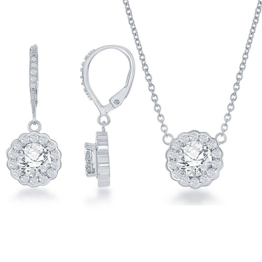 Sterling Silver April Birthstone With  CZ Border Round Earrings and Necklace Set