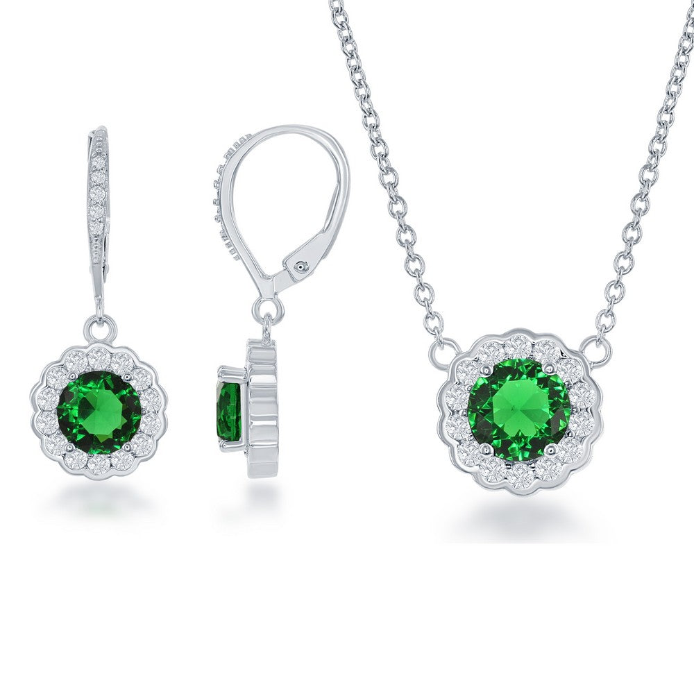 Sterling Silver May Birthstone With  CZ Border Round Earrings and Necklace Set