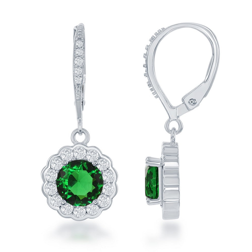 Sterling Silver May Birthstone With  CZ Border Round Earrings and Necklace Set