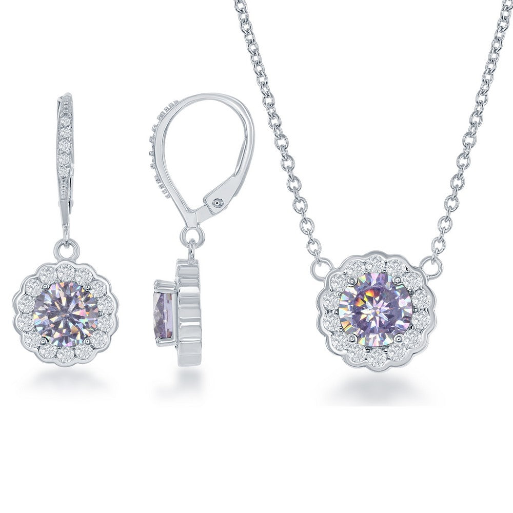 Sterling Silver June Birthstone With  CZ Border Round Earrings and Necklace Set