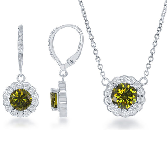 Sterling Silver Peridot CZ August Birthstone With  CZ Border Round Earrings and Necklace Set