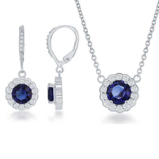 Sterling Silver September Birthstone With  CZ Border Round Earrings & Necklace Set