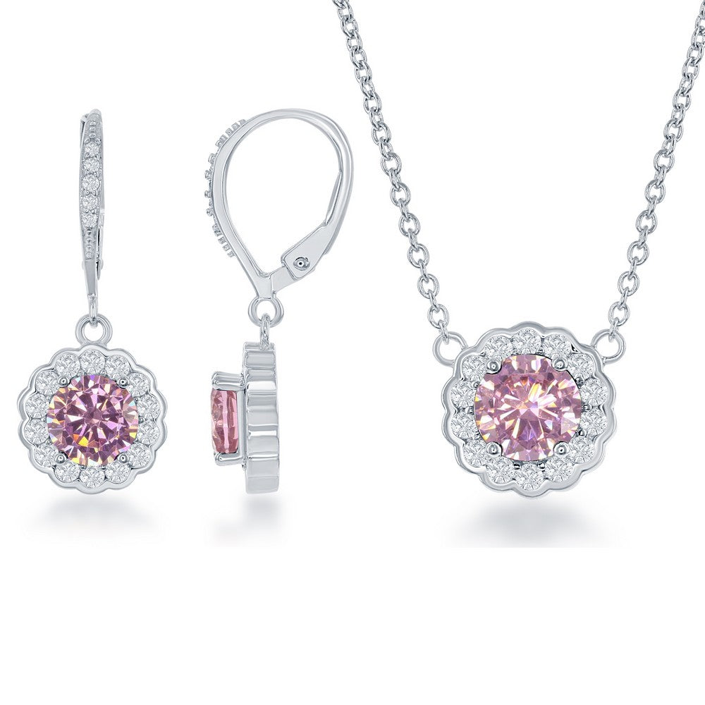 Sterling Silver October Birthstone With  CZ Border Round Earrings and Necklace Set